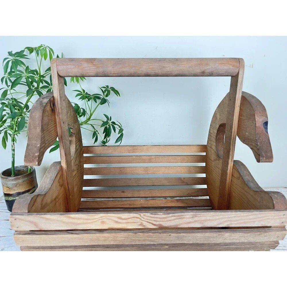 Vintage Solid Wood Slatted Goose Magazine Blanket Basket W/ Handle Cottage Decor